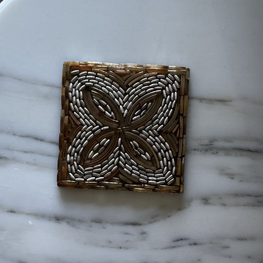 One Pier 1 Beaded Mosaic Glass Coaster Square Silver Gold Metallic -Replacement